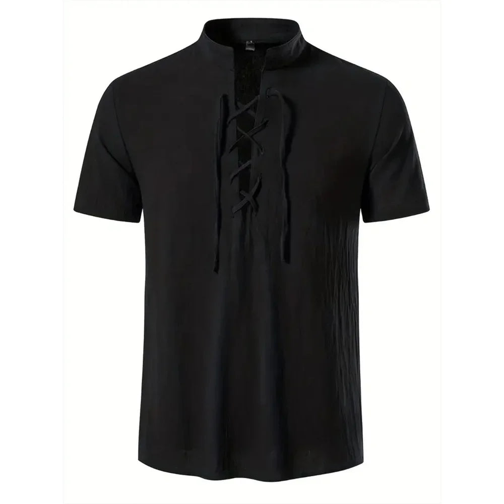 Men's Retro Shirt Short Sleeve Cotton Linen Lightweight Breathable Solid Color Fashion Tops Pirate V-neck Male Stylish Shirs