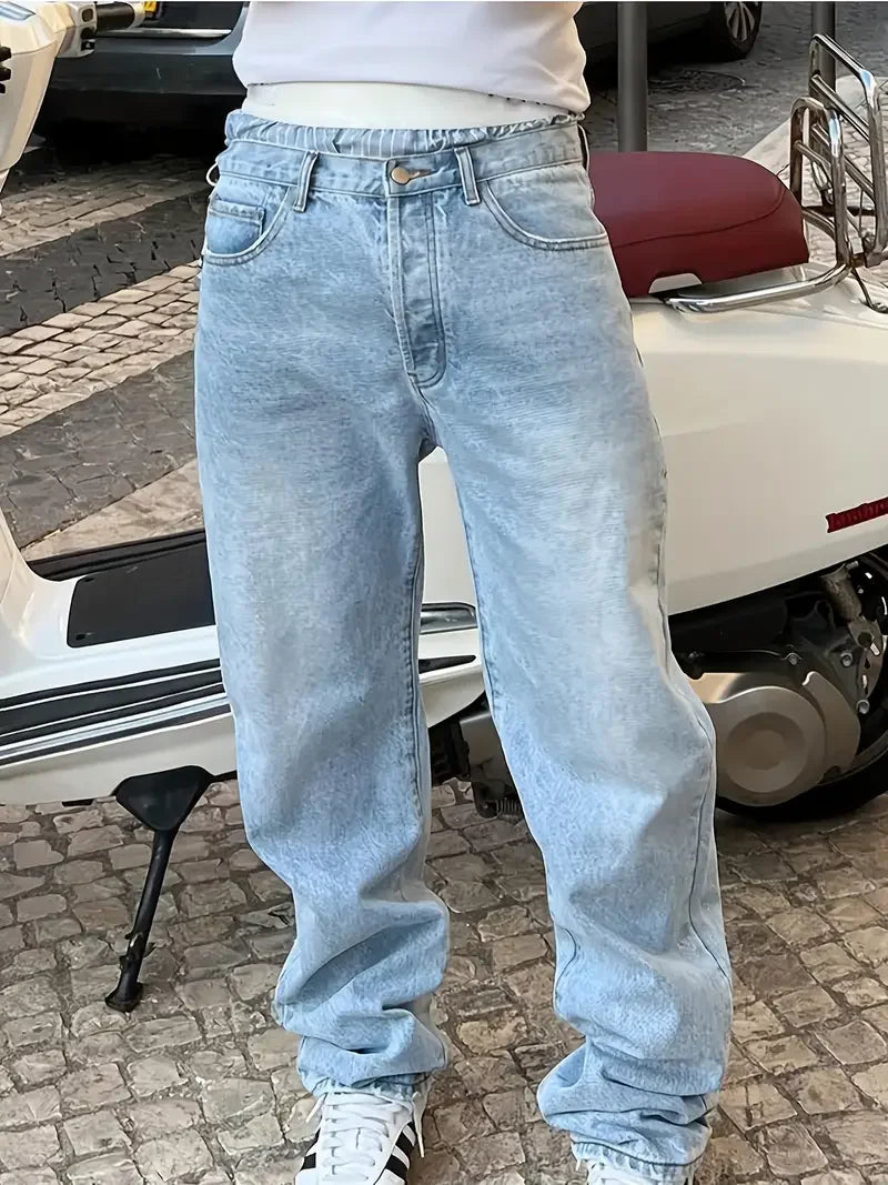 Men'S Vintage Washed Blue Loose Fit Jeans - Casual Straight Leg Denim Pants with Zipper Fly, All-Season Comfort, Mid Waist, Casu
