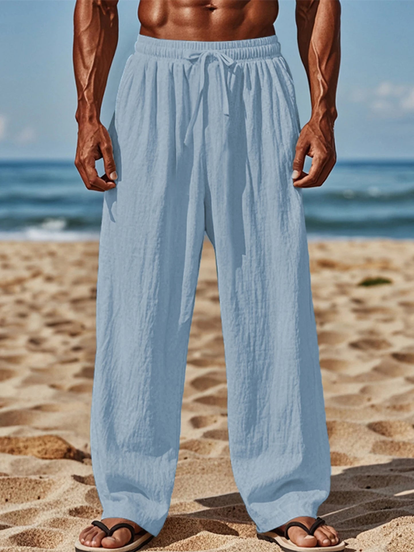 Men s Lightweight Linen Blend Pants with Elastic Waistband and Relaxed Fit for Summer Beach Vacation Casual Wear